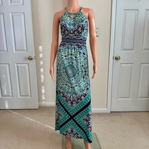 London Times Petite Boho Tropical Colorful Peacock Design Maxi Vacation Dress 8P